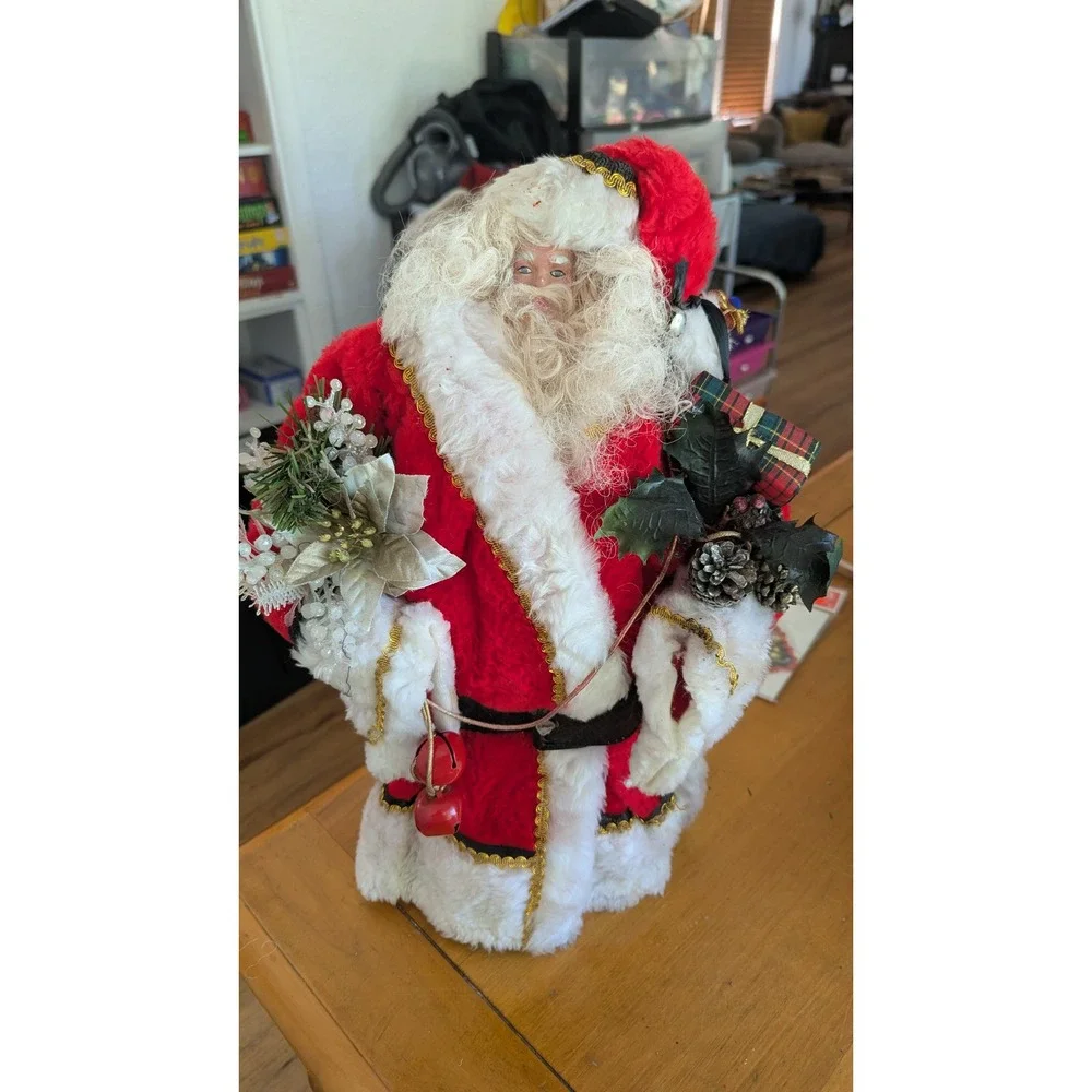 Vintage Style Standing Santa Claus Figurine Red Velvet Gold Trim 18 Inch Decor